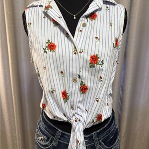 Floral Button-Down Sleeveless Top w Tie Size - S / M